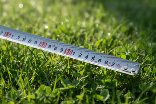 50m steel tape measure extended across green grass