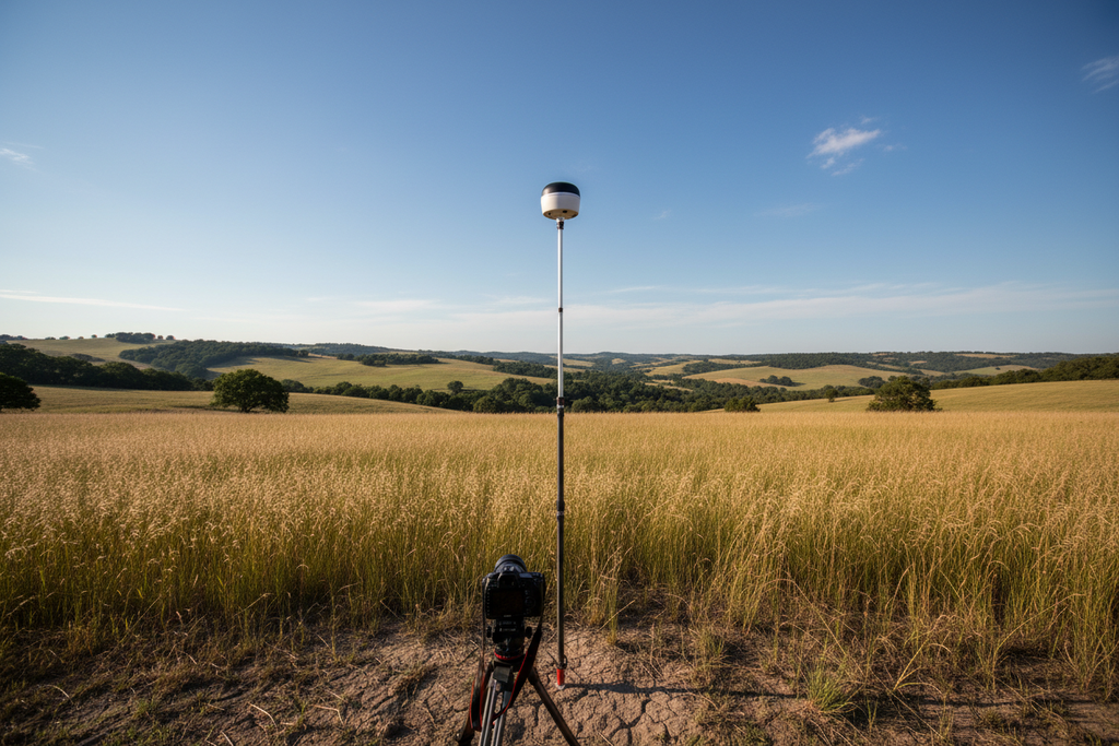 GNSS receiver mounted on surveyor's rod in open field with blue sky