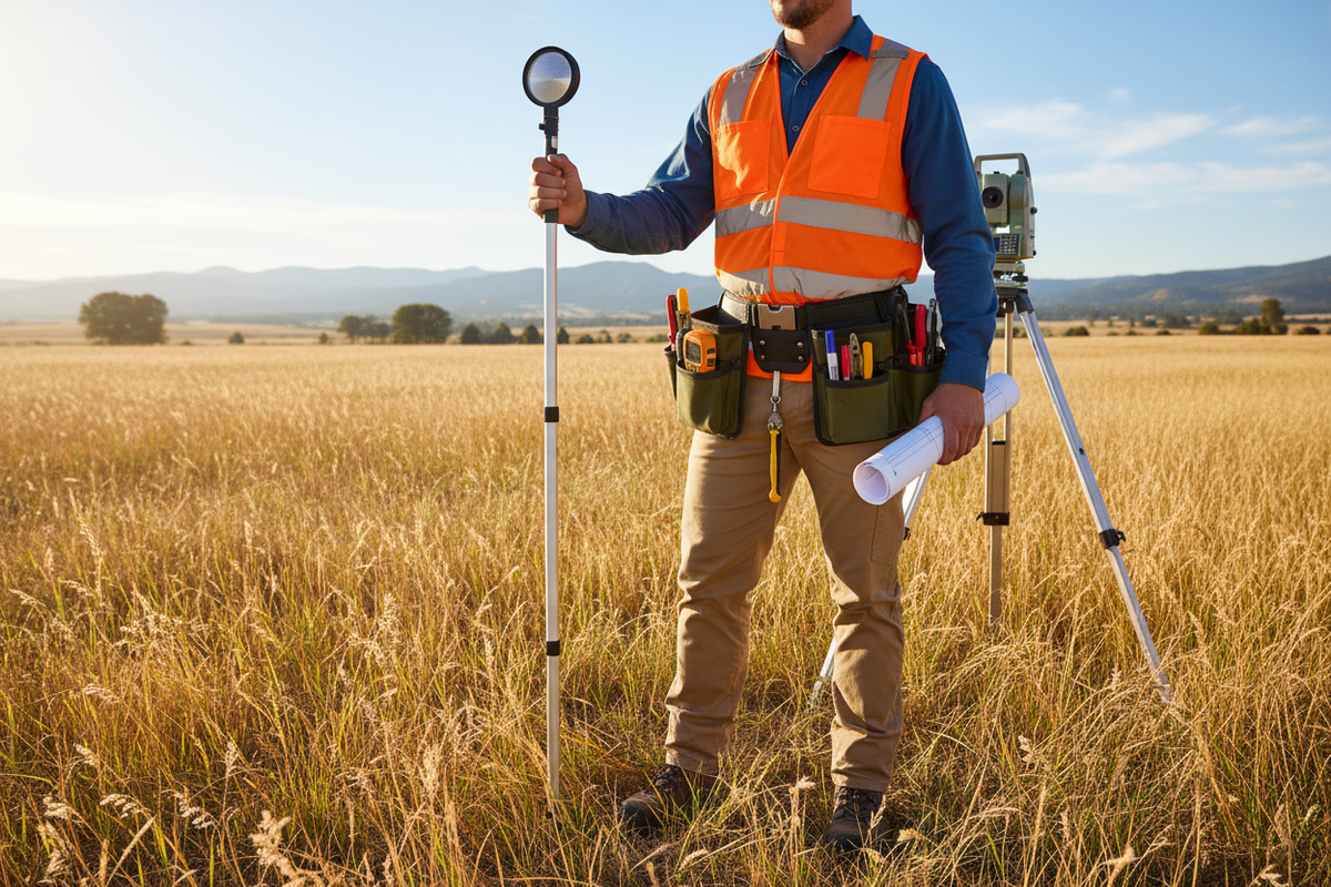 Surveyor wearing professional tool belt with 6 pouches in a field