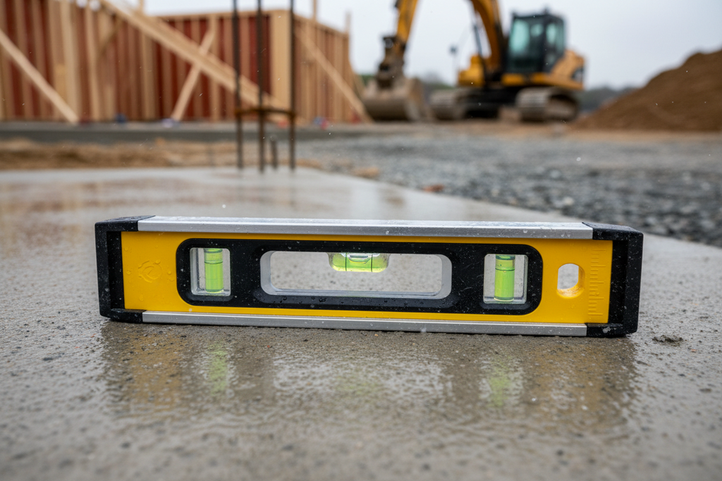 Spirit level resting on a concrete foundation with bubble centered