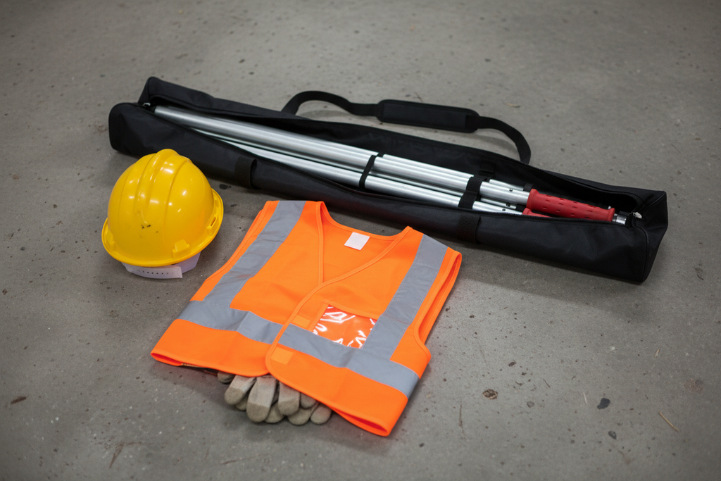 Collapsed telescopic rod in carrying bag with hard hat