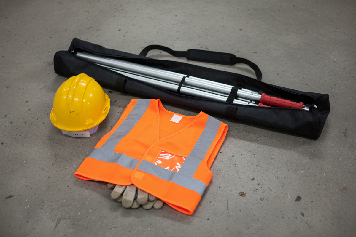 Collapsed telescopic rod in carrying bag with hard hat