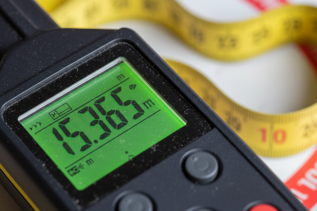 Close-up of laser meter digital display showing measurement