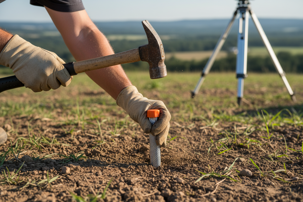 Hand driving metal stake into ground