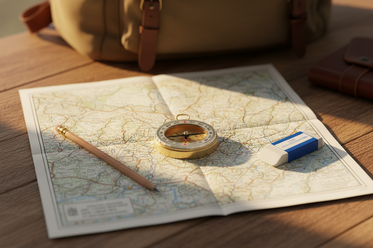 Compass flat lay on topographic map