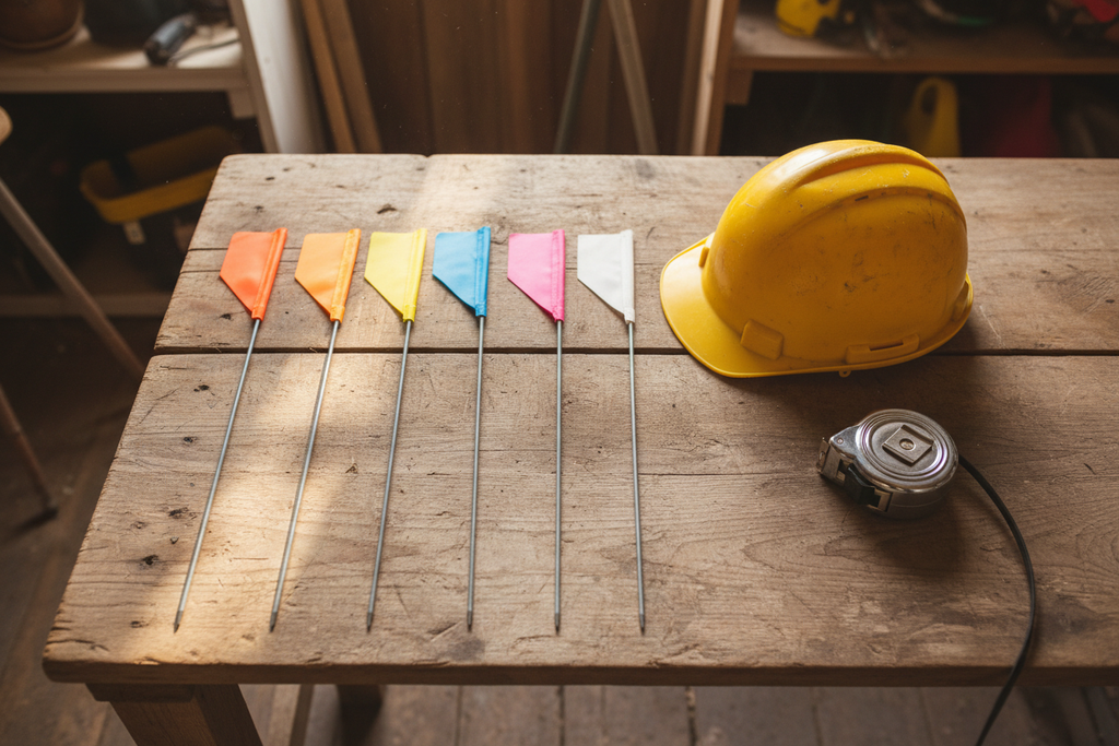 Survey flags flat lay with hard hat