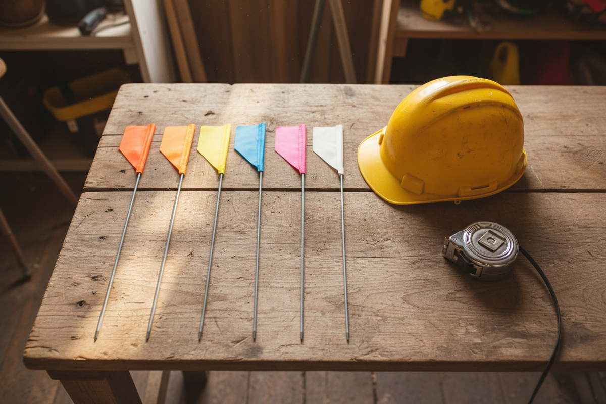 Survey flags flat lay with hard hat
