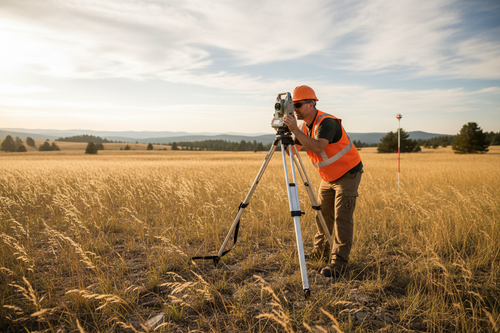 Digital total station on tripod in field with surveyor looking through eyepiece