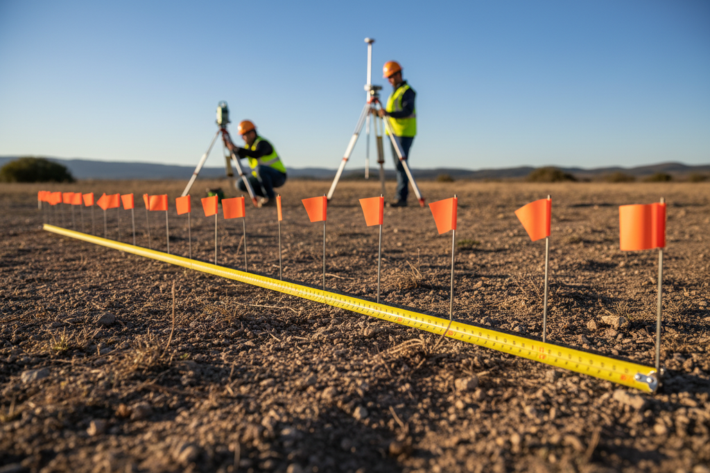 Row of steel chaining pins with orange flags in ground