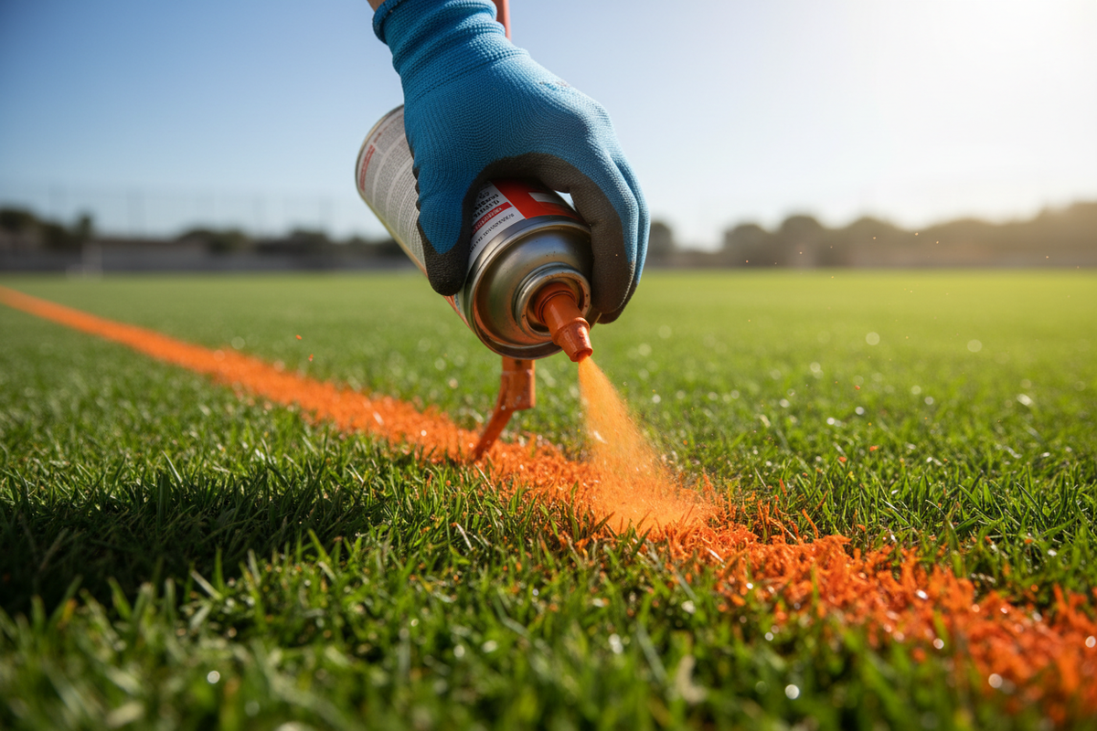 Gloved hand spraying orange marking paint on grass