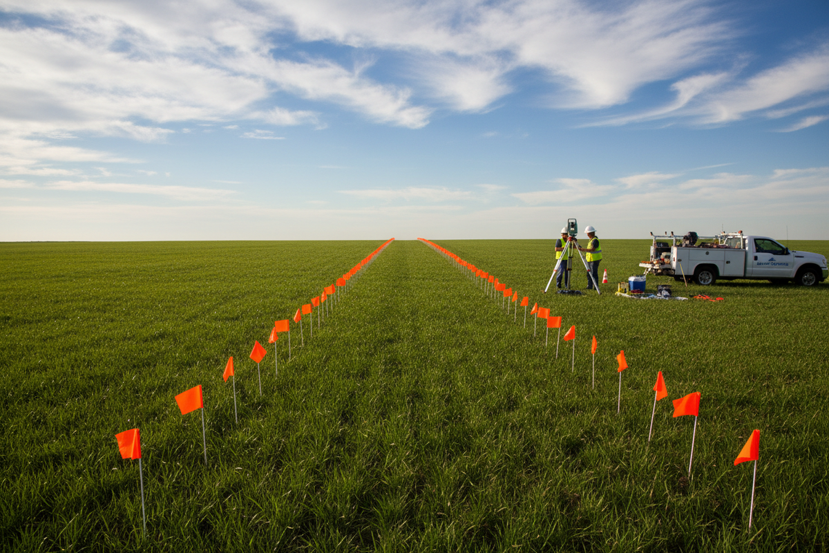 50 bright orange survey flags marking a boundary line in a green field