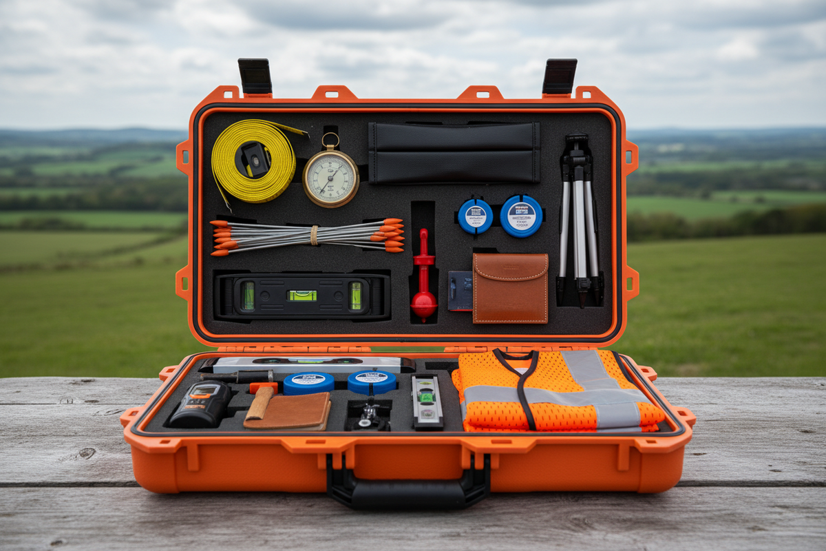 Waterproof case opened to reveal 15 neatly arranged surveying tools