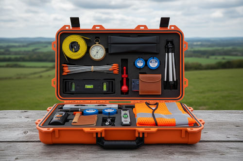 Waterproof case opened to reveal 15 neatly arranged surveying tools