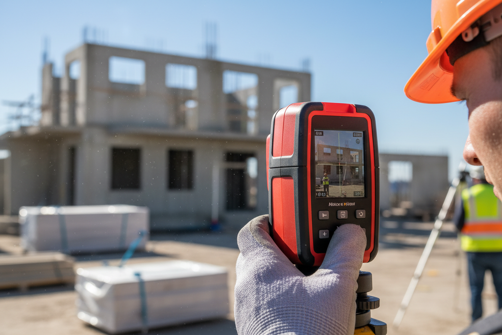 Surveyor aiming laser distance meter at construction site