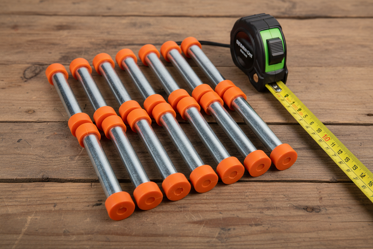 Metal stakes flat lay with measuring tape