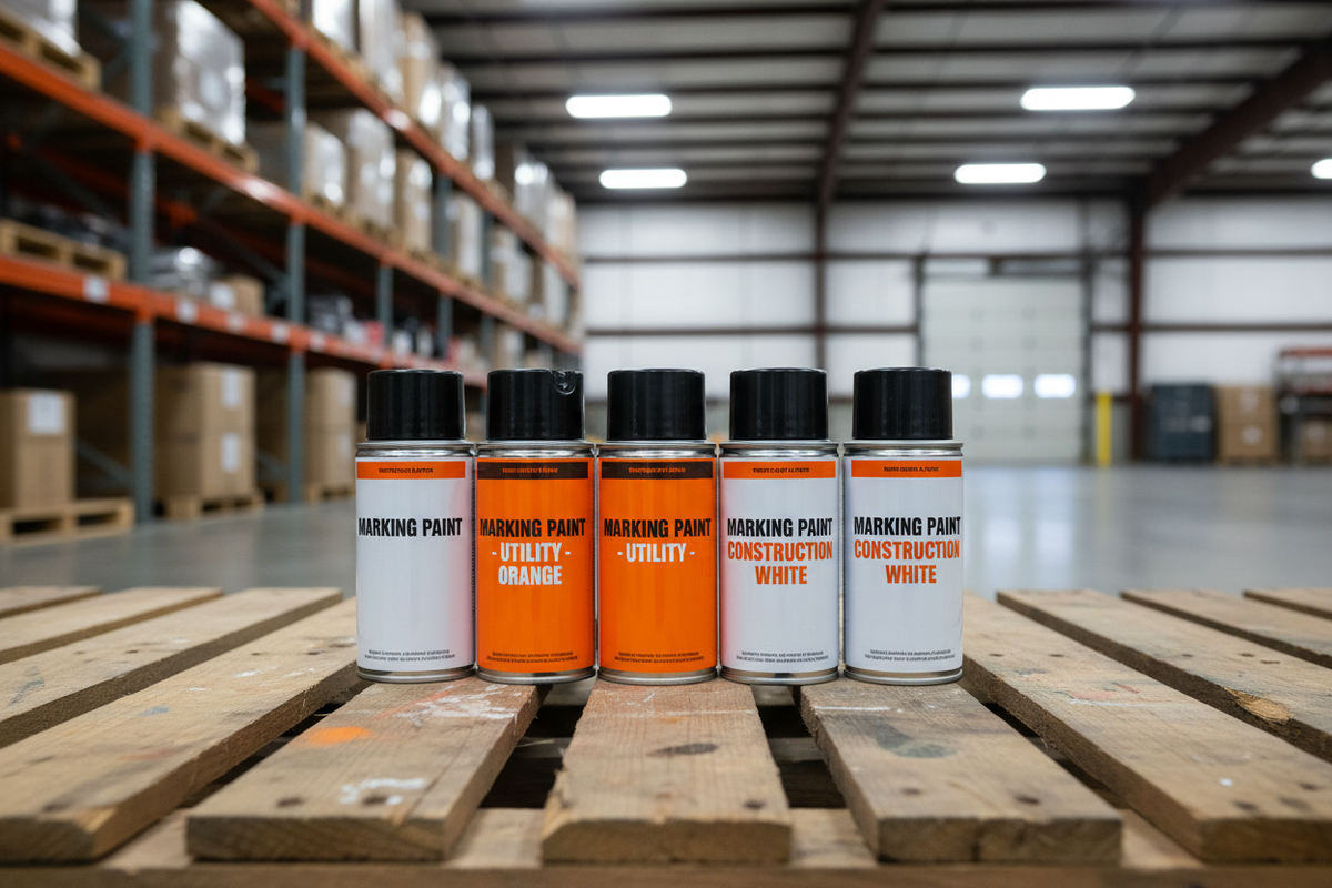 6 marking paint cans on wooden pallet
