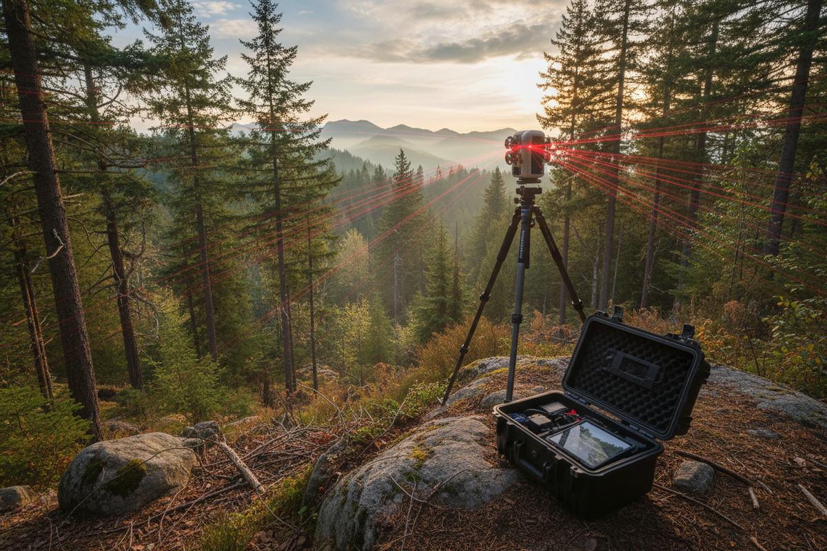 LiDAR scanner on tripod scanning forested terrain area