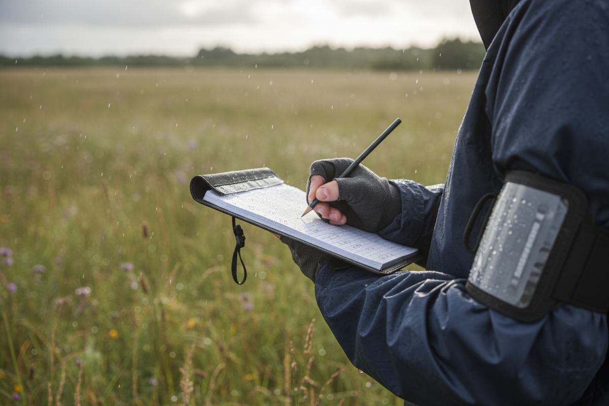 Surveyor's arm wearing waterproof field notebook armband in a field