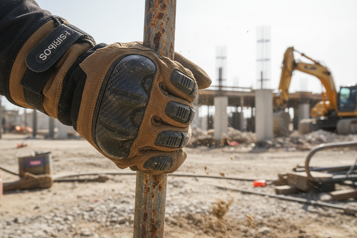 Gloved hand gripping a metal stake with reinforced knuckle protection