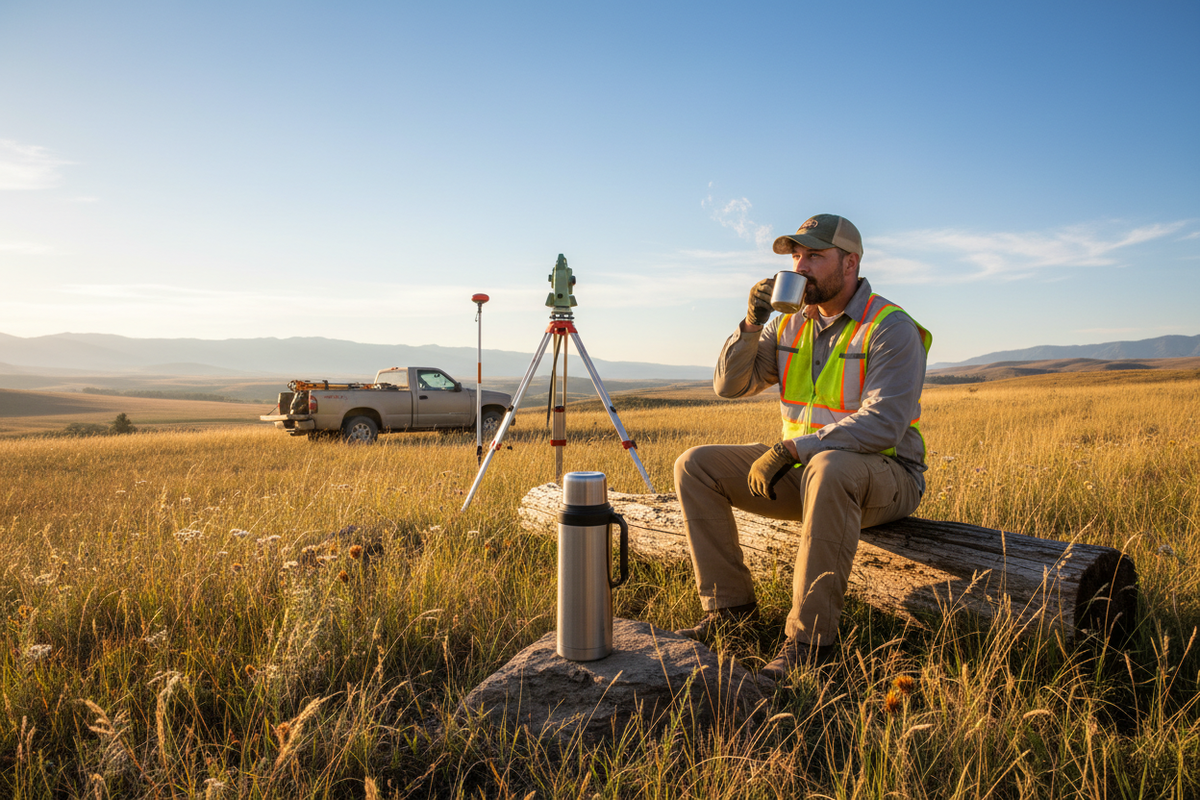 Surveyor taking coffee break with thermos on a log