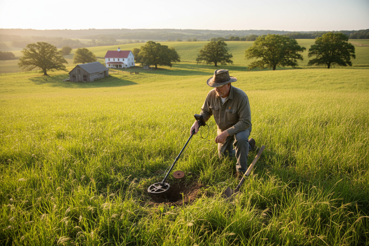 Property owner using metal detector to find buried boundary marker in grassy field