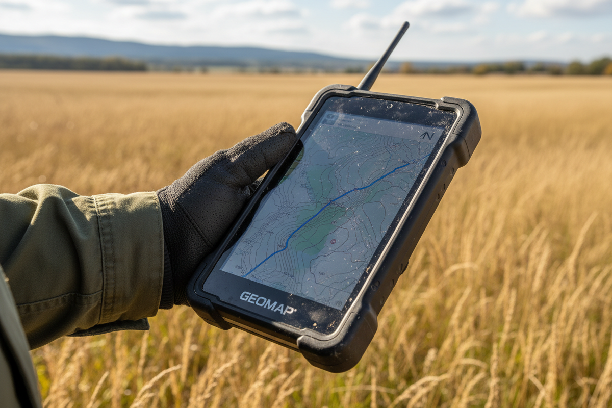 Surveyor holding rugged GPS tablet with topographic map on screen in open field