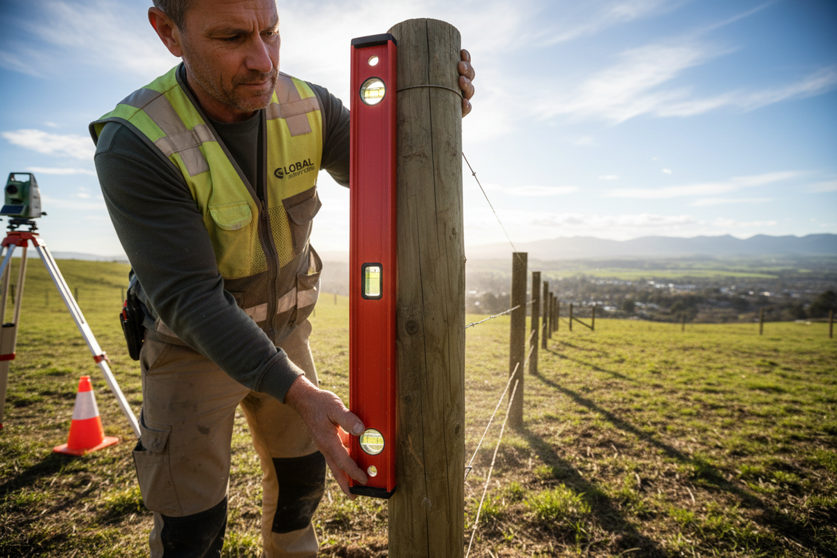 Surveyor checking fence post with spirit level