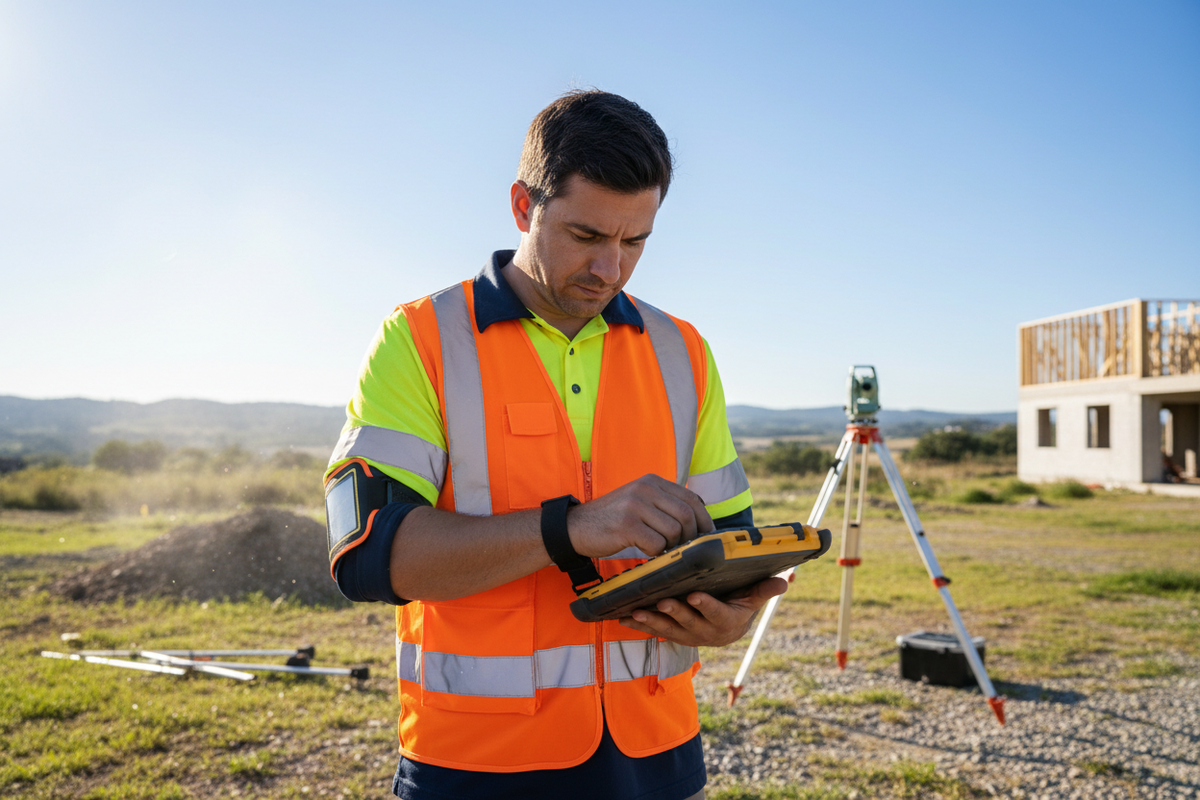 Surveyor in hi-vis vest with armband notebook