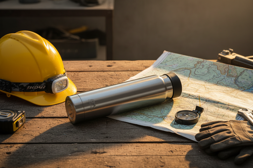 Thermos flat lay on workbench with hard hat and map