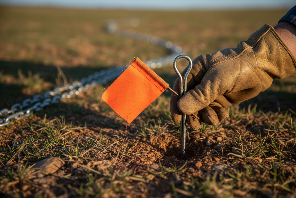 Surveyor's hand placing steel pin into ground