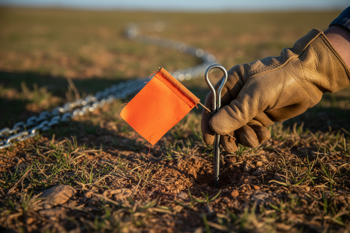 Surveyor's hand placing steel pin into ground