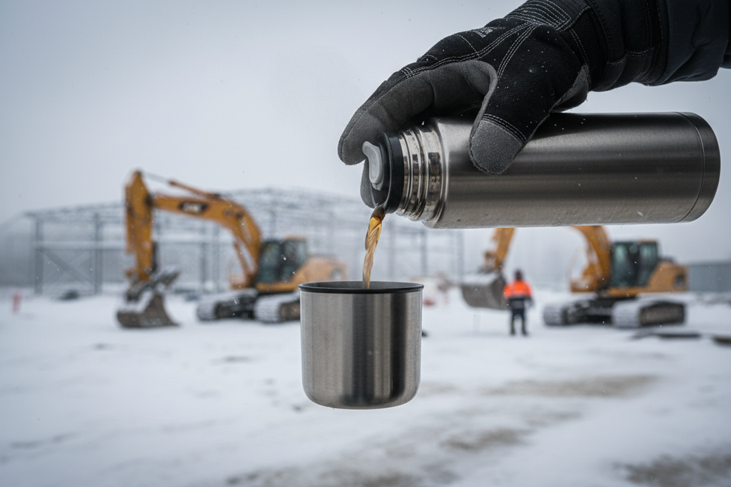 Surveyor pouring coffee from thermos at construction site