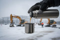 Surveyor pouring coffee from thermos at construction site