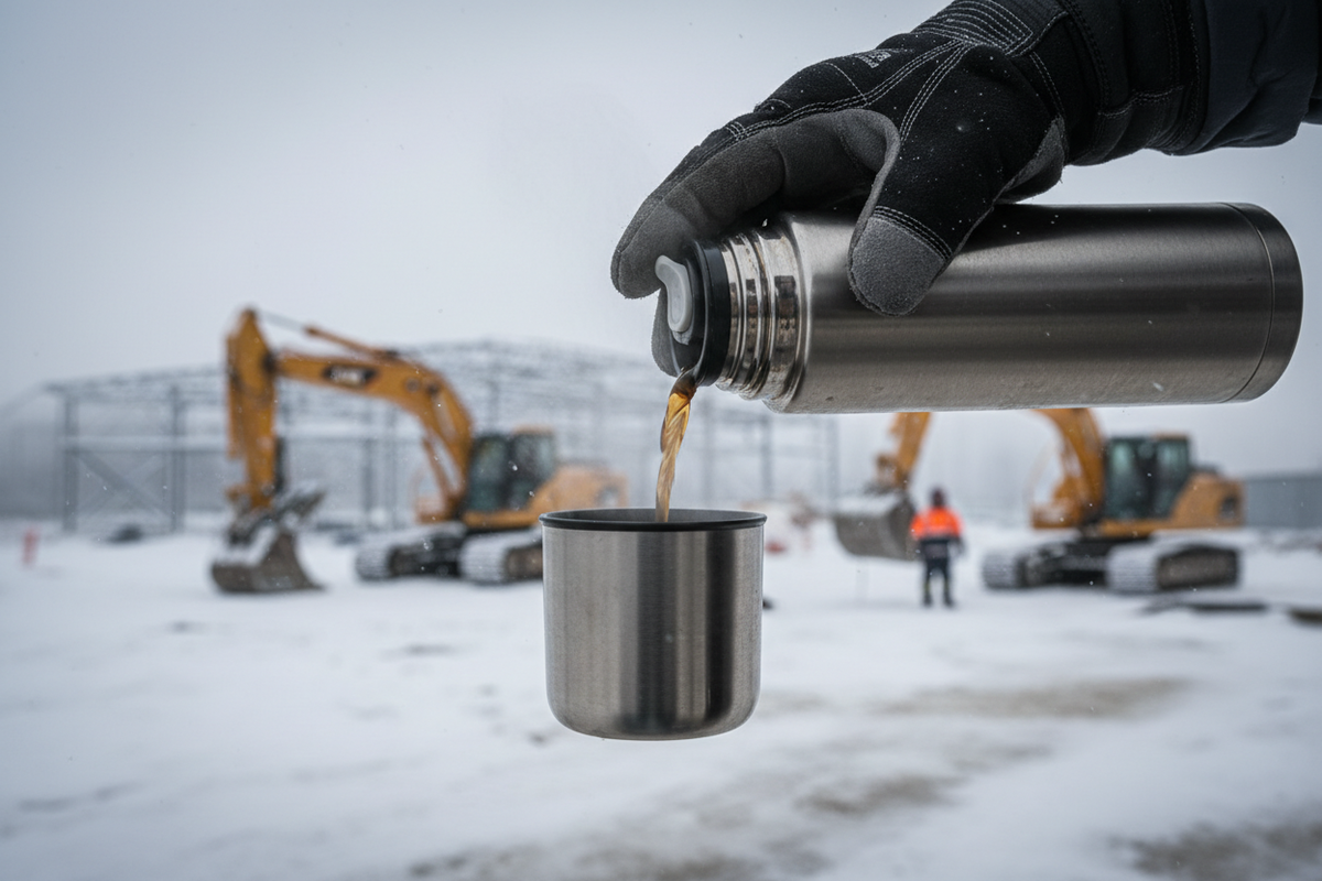 Surveyor pouring coffee from thermos at construction site