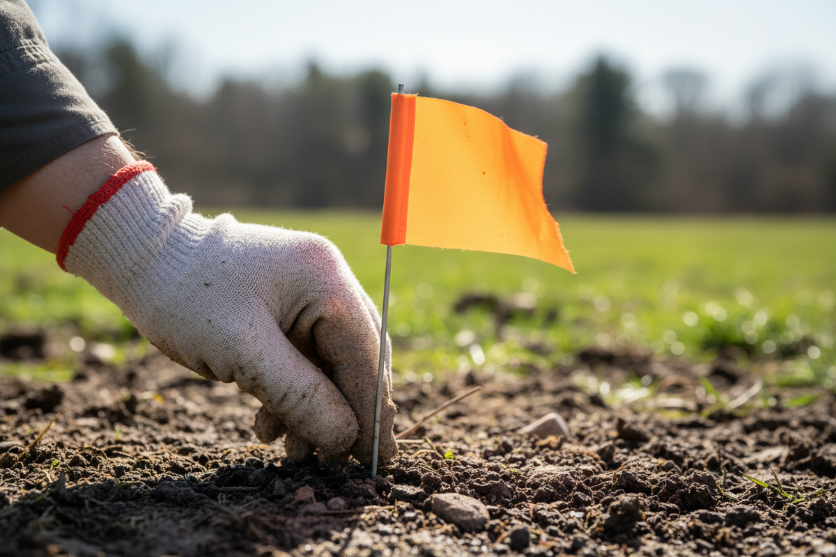 Hand pushing orange flag into soil