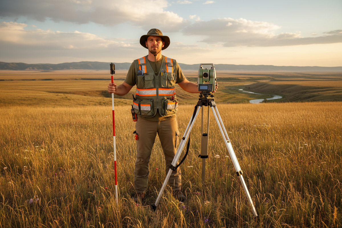 Surveyor wearing waterproof field vest with 18 pockets and reflective strips