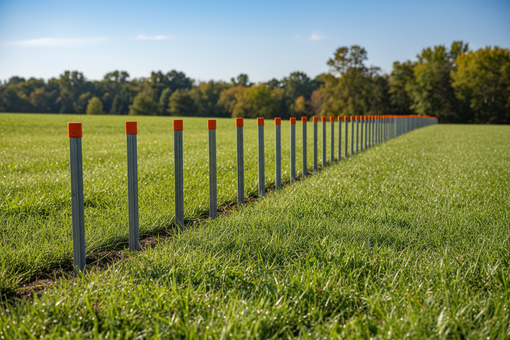 Row of metal property stakes with orange caps along a property line