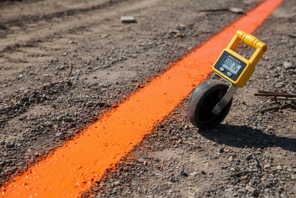 Freshly painted orange line on construction site ground