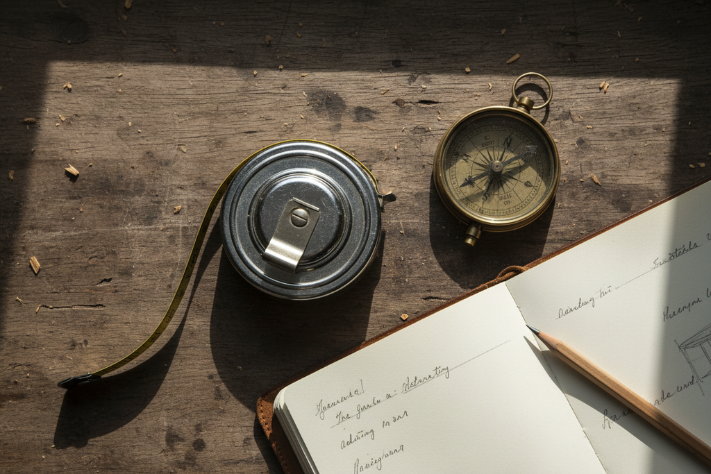 Tape measure flat lay with compass and notebook