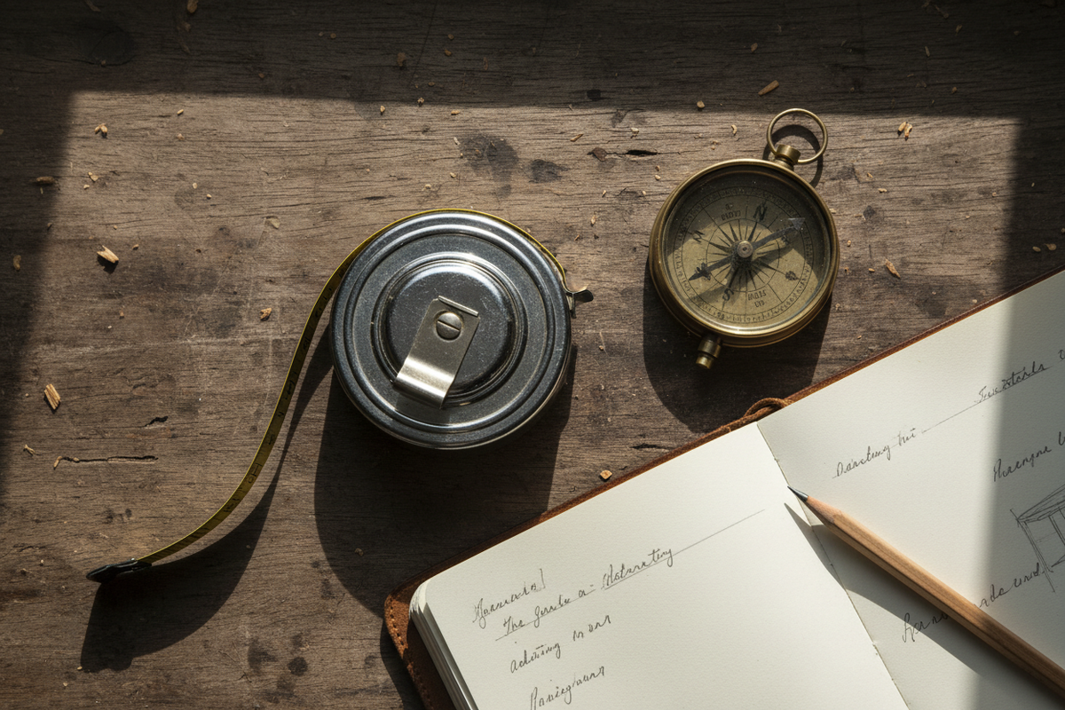 Tape measure flat lay with compass and notebook