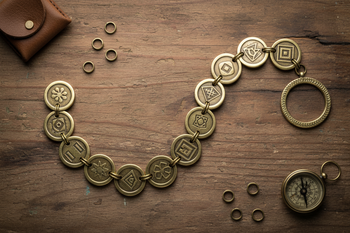 11 chaining pins flat lay with metal holder ring