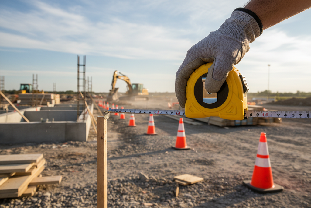 Surveyor pulling tape measure at property boundary