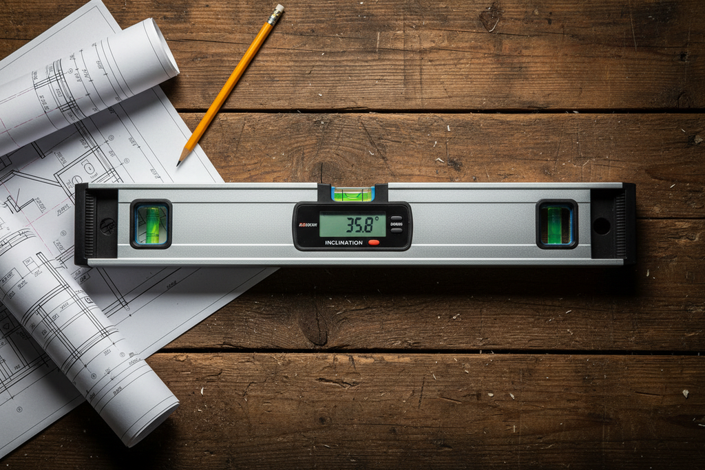 Spirit level flat lay with blueprints