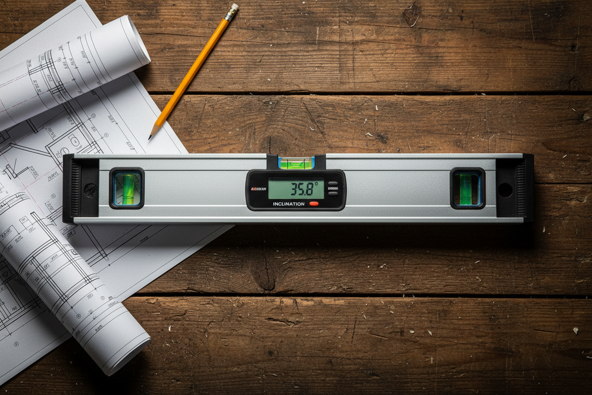 Spirit level flat lay with blueprints