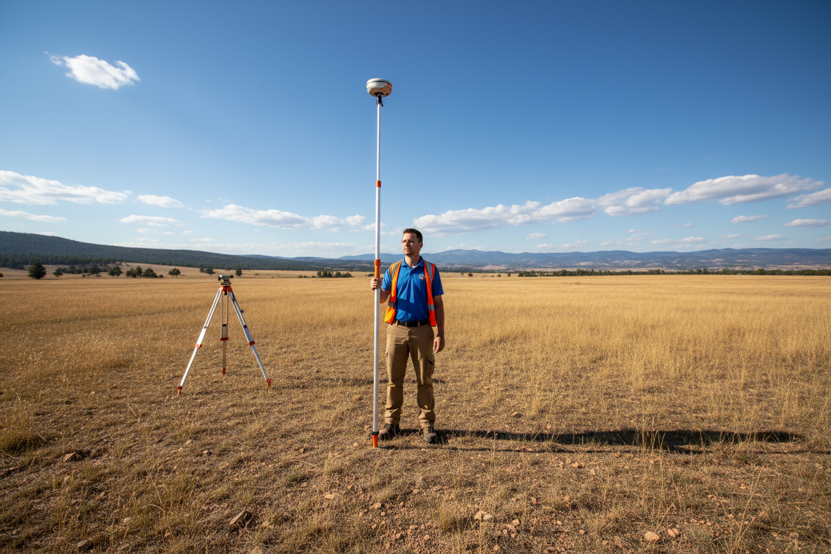 Surveyor holding extended 3m telescopic rod in a field