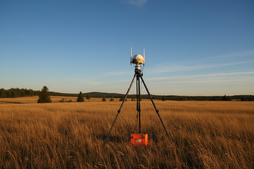 GNSS RTK base station on tripod in open field with blue sky