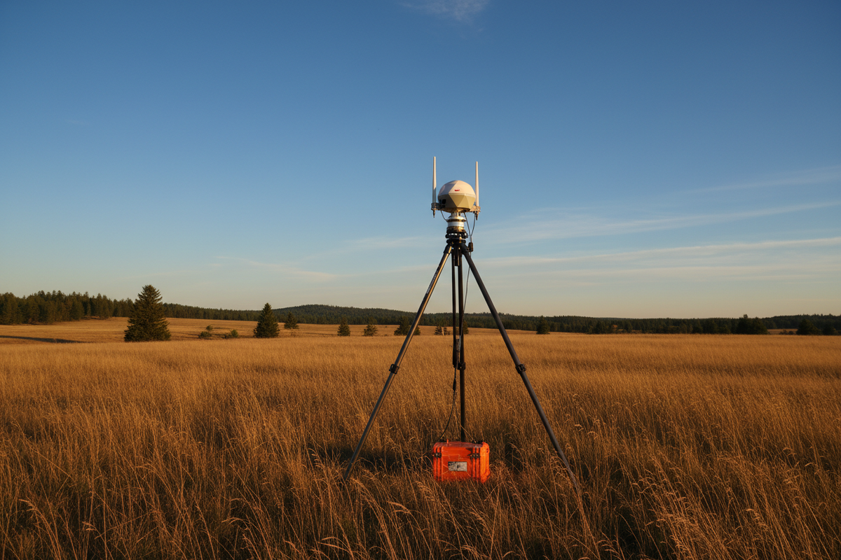 GNSS RTK base station on tripod in open field with blue sky