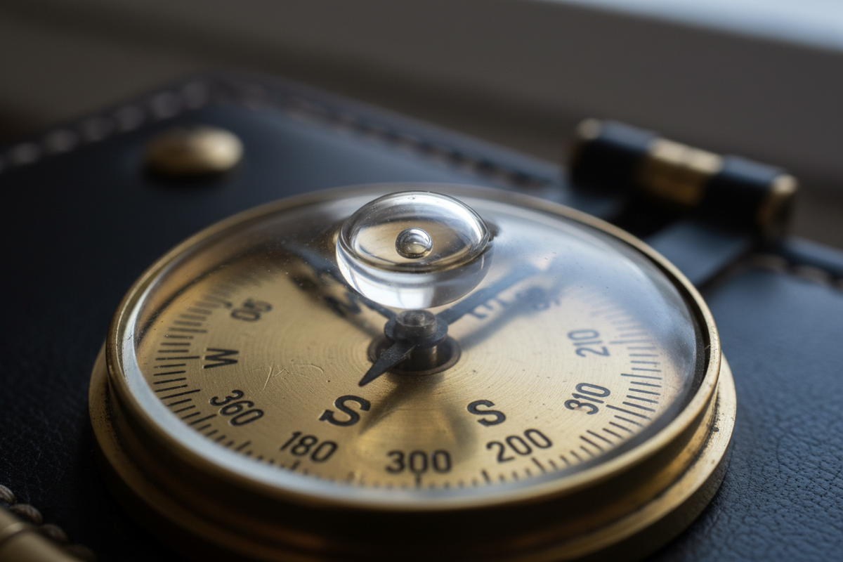 Extreme close-up of compass dial with degree markings
