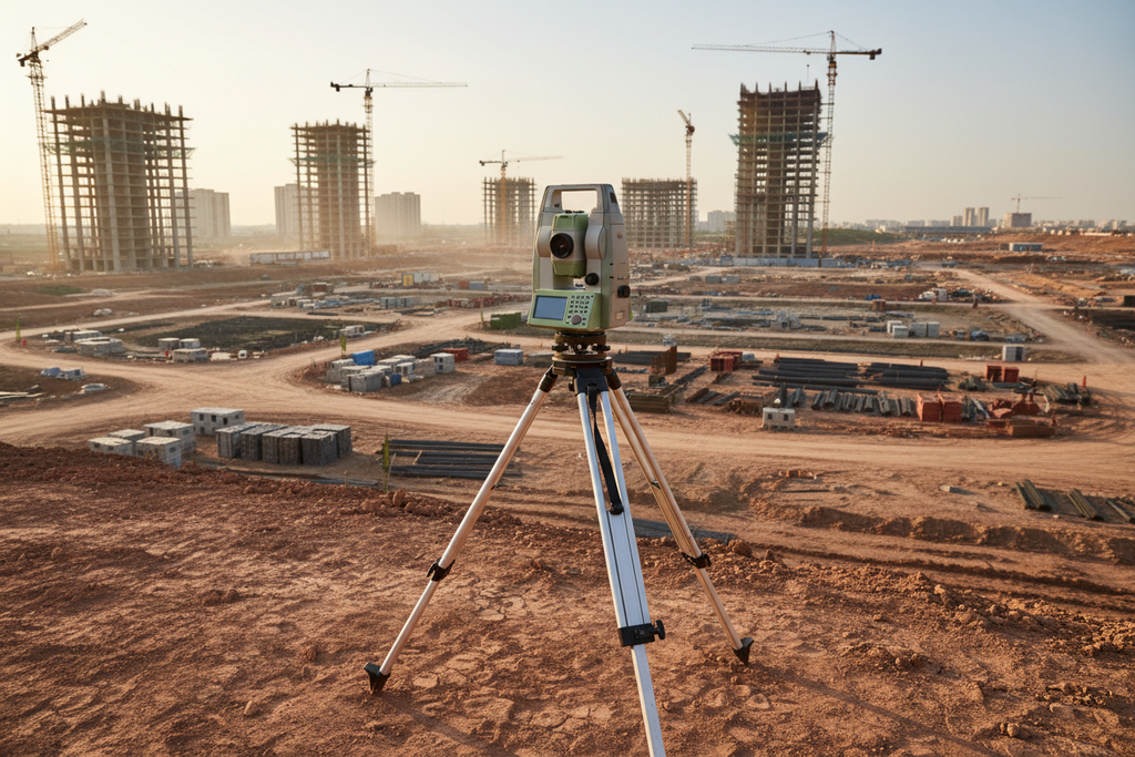 Robotic total station on tripod surveying a large construction site autonomously