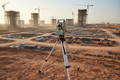 Robotic total station on tripod surveying a large construction site autonomously